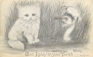 Adorable drawn kitty & puppy dog by C. Volby Can I play in your Yard? 1909