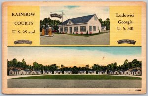 Postcard Ludowici Georgia c1940s Rainbow Motor Cours Dual View Shell Gas Pumps