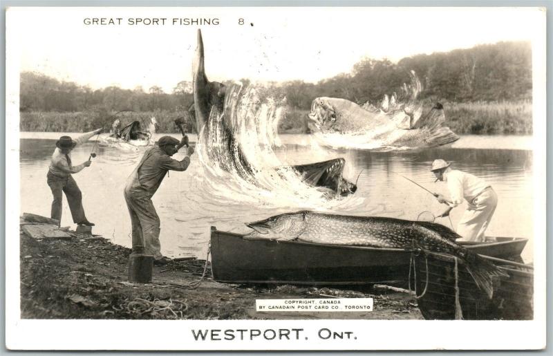 WESTPORT ONT. CANADA FISHING EXAGGERATED ANTIQUE REAL PHOTO PC RPPC CORK STAMP