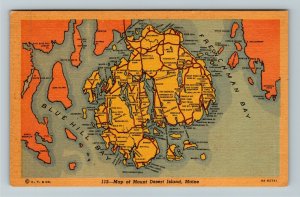 Mount Desert Island ME-Maine, Map, Linen Postcard