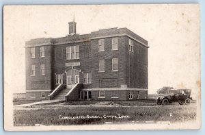 Chapin Iowa IA Postcard RPPC Photo Consolidated School Building Car 1921 Vintage