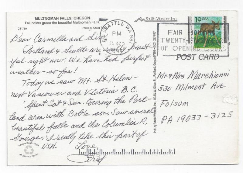 Mt Hood National Park OR Multnomah Falls Postcard 4X6 Oregon