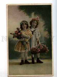 240052 FASHION Kids Girls w/ Flowers Vintage 1917 Year PC