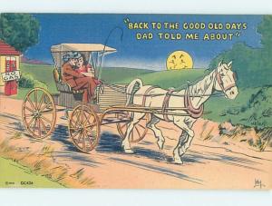 Linen comic WHITE HORSE AND CARRIAGE PASS BY GAS STATION HL3486@