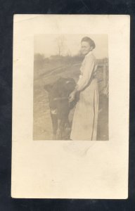 RPPC GENORA EWING PRETTY WOMAN WITH CALF COW VINTAGE REAL PHOTO POSTCARD