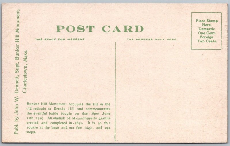 Vtg Charlestown Massachusetts MA Bunker Hill Monument 1910s Unused View Postcard