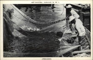 Curacao NWI Net Hauling Commercial Fishing Linen Postcard