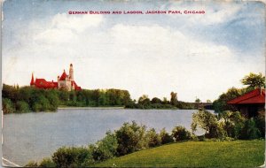 German Building Lagoon Jackson Park Chicago Antique Postcard PM Clean Cancel WOB 