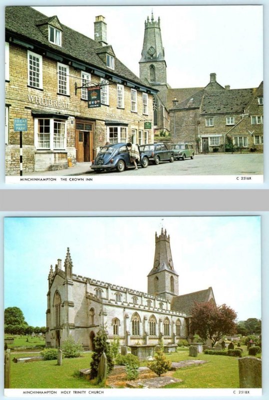 2 Postcards MINCHINHAMPTON, England ~ CROWN INN Holy Trinity Church 1970s- 4x6 