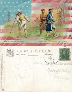 PATRIOTIC ANTIQUE 1908 EMBOSSED POSTCARD WASHINGTON AS SURVEYOR