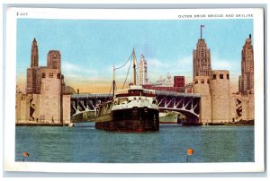 Chicago Illinois Postcard Outer Drive Bridge And Skyline Steamship Scene c1940's