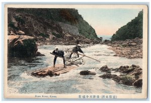 c1930's Hozu River Kyoto Japan Two Men Using Bamboo Boat Vintage Postcard