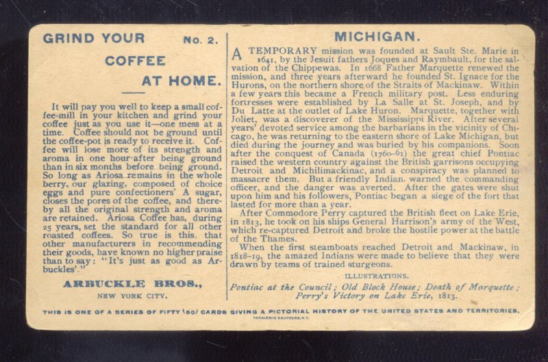 VINTAGE ARBUCKLE BROS. COFFEE VICTORIAN TRADE CARD MICHIGAN ADVERTISING