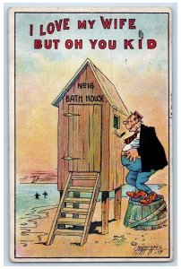 Carmichael Artist Signed Postcard Fat Man Pepping Tom Bath House I Love My Wife