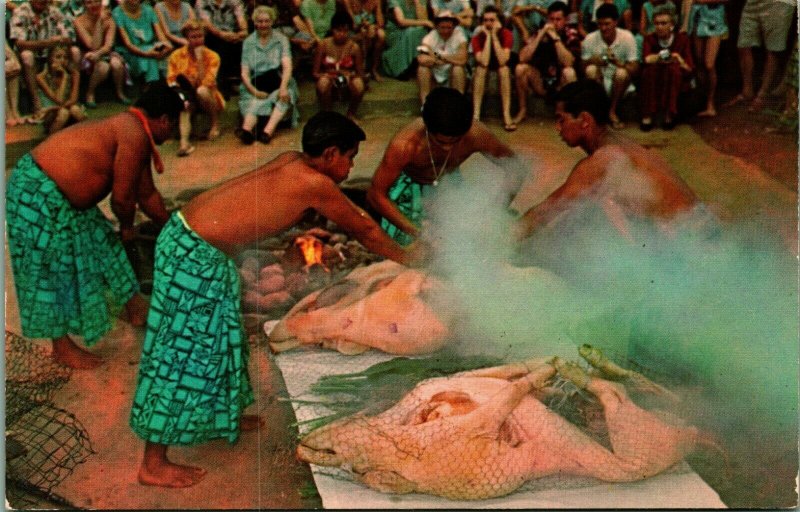 Roasting Pig Luau Preparations Hawaii HI Chrome Postcard B10