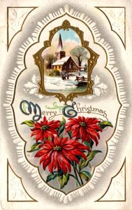 Merry Christmas - Snow Covered Church and Bridge - Poinsettias - Embossed -