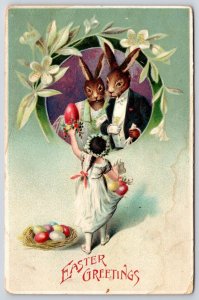 Easter Greetings Cute Girl And Two Rabbits With Eggs Holiday Wishes Postcard