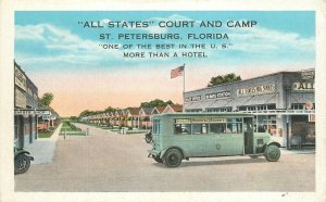 Postcard Florida St. Petersburg All State Court Camp bus Kropp flag 23-2651