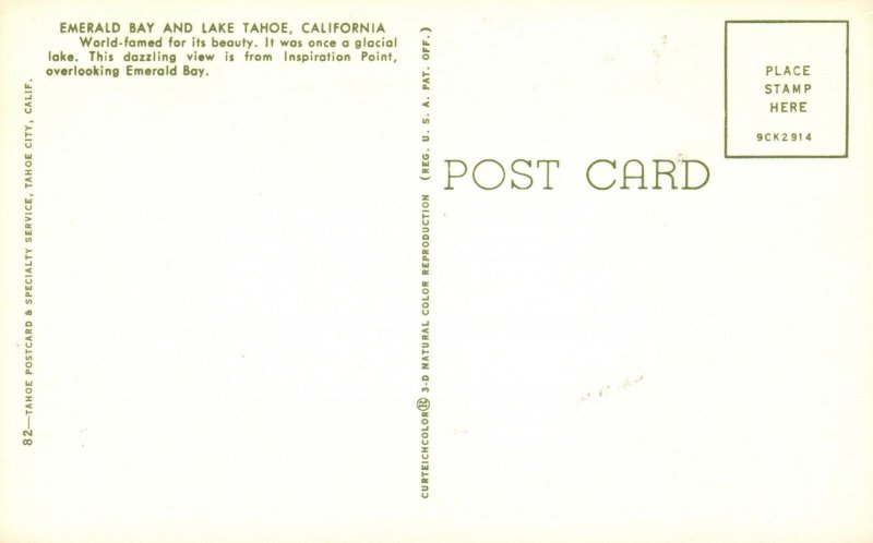 Vintage Postcard Emerald Bay And Lake Tahoe World-Famed Beauty California