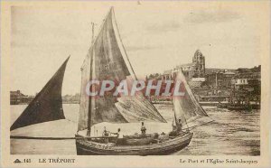 Old Postcard Treport Port and the Church of Saint Jacques Boat