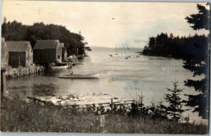 RPPC Waterfront Buildings, Docks, Boats New Harbor Maine Postcard X07