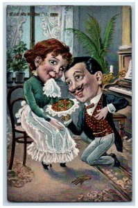 c1910's Caricature Married Life Part 1 Offering Food Piano Antique Postcard 