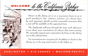 Adv Postcard Welcome to the California Zephyr Dining Car 1950s V207