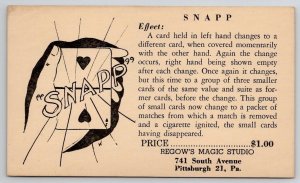 Regows Magic Studio Snapp Card Trick Advertising Pittsburgh PA Postcard F36