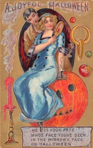 A Joyful Hallowe'en Woman Atop Jack-o-Lantern Gazing In Mirror At True Love, PCU