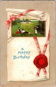 A Happy Birthday Vintage Postcard 1912 Embossed Pastoral Scene Paper Roll Seal