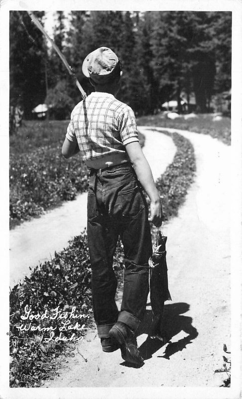 Postcard RPPC Idaho Warm Lake Good Fishing Los Angeleno 23-1074