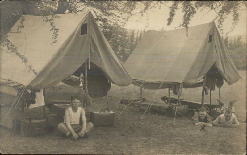 Military? Men Camping Unusual tents Suitcases Cots c1910 Real  Photo Postcard 