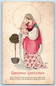 1923 Christmas Greetings Mother And Baby Holly Berries Pot Joliet IL Postcard