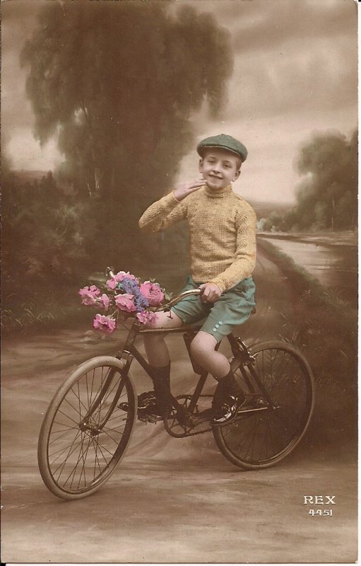 RPPC Tinted, Little Boy on Bicycle, Flowers 1910 Real Photo