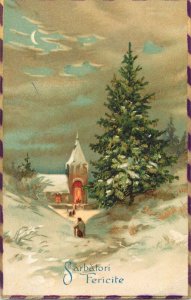 Greetings postcard Christmas winter snow village Romania Happy Holidays