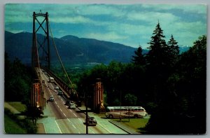 Postcard Vancouver BC c1950s Entrance To Lion’s Gate Bridge Old Greyhound Bus