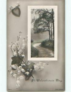 circa 1910 rppc VALENTINE - LILY OF THE VALLEY FLOWERS & DIRT ROAD o2686