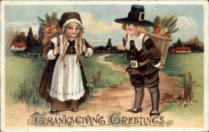 Thanksgiving BB London No. 2702 Pilgrim Boy and Girl Vintage Postcard