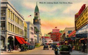 Postcard MA Fall River Main St. Looking South Old Cars Street View 1940s S19