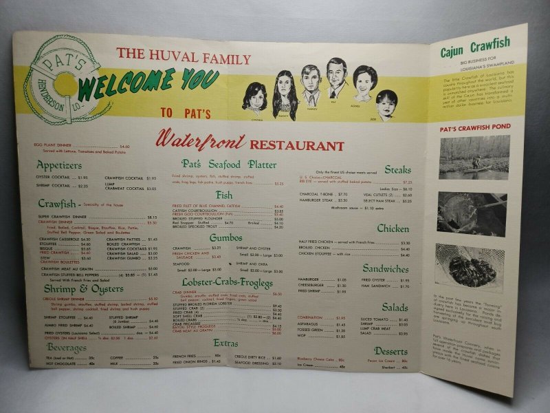 Vintage Restaurant Menu Pats Waterfront Henderson, Louisiana 50s-60s