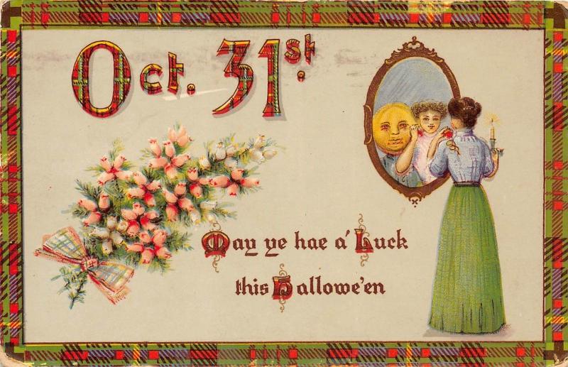 E14/ Halloween Holiday Postcard c1910 Martins Ferry Ohio Woman Reflection Luck11