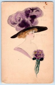 1910 BEAUTIFUL WOMAN HANDCOLORED HUGE PURPLE HAT HANDPAINTED? POSTCARD