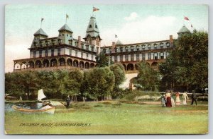 Alexandria Bay New York~Crossman House~Boat on Shore~Folk on Lawn~c1910  