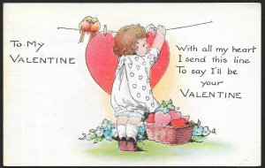 To My Valentine Girl Hanging Heart On Clothesline Unused c1910s