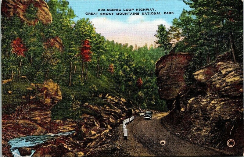 Scenic Loop Hwy Great Smoky Mountains National Park Old Car Road Linen Postcard  