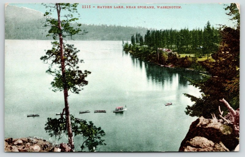 Spokane Washington~Birdseye From Rocks: Hayden Lake~Boats in Line~1908 Postcard 