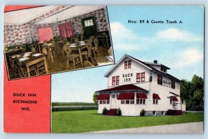 Richmond Wisconsin Postcard Duck Inn County Trunk Exterior c1940 Vintage Antique