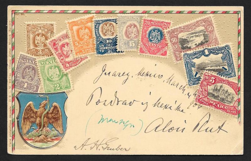 MEXICO Stamps on Postcard Embossed Shield Used c1905