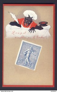 REPRINT - R.s.v.p. et..n'oublier pas le timbre 25c French stamp Devil horns