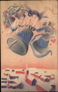 Christmas Cherubs Bells Bird's Eye View of Town Embossed Airbrushed c1900s-20s